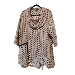Vintage 90s Y2K Yushi  Perforated Tunic‎ Top Women's XXL Tan Artsy Lagenlook USA